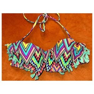 Neon Aztec, Fringe Bikini Top, Size Large